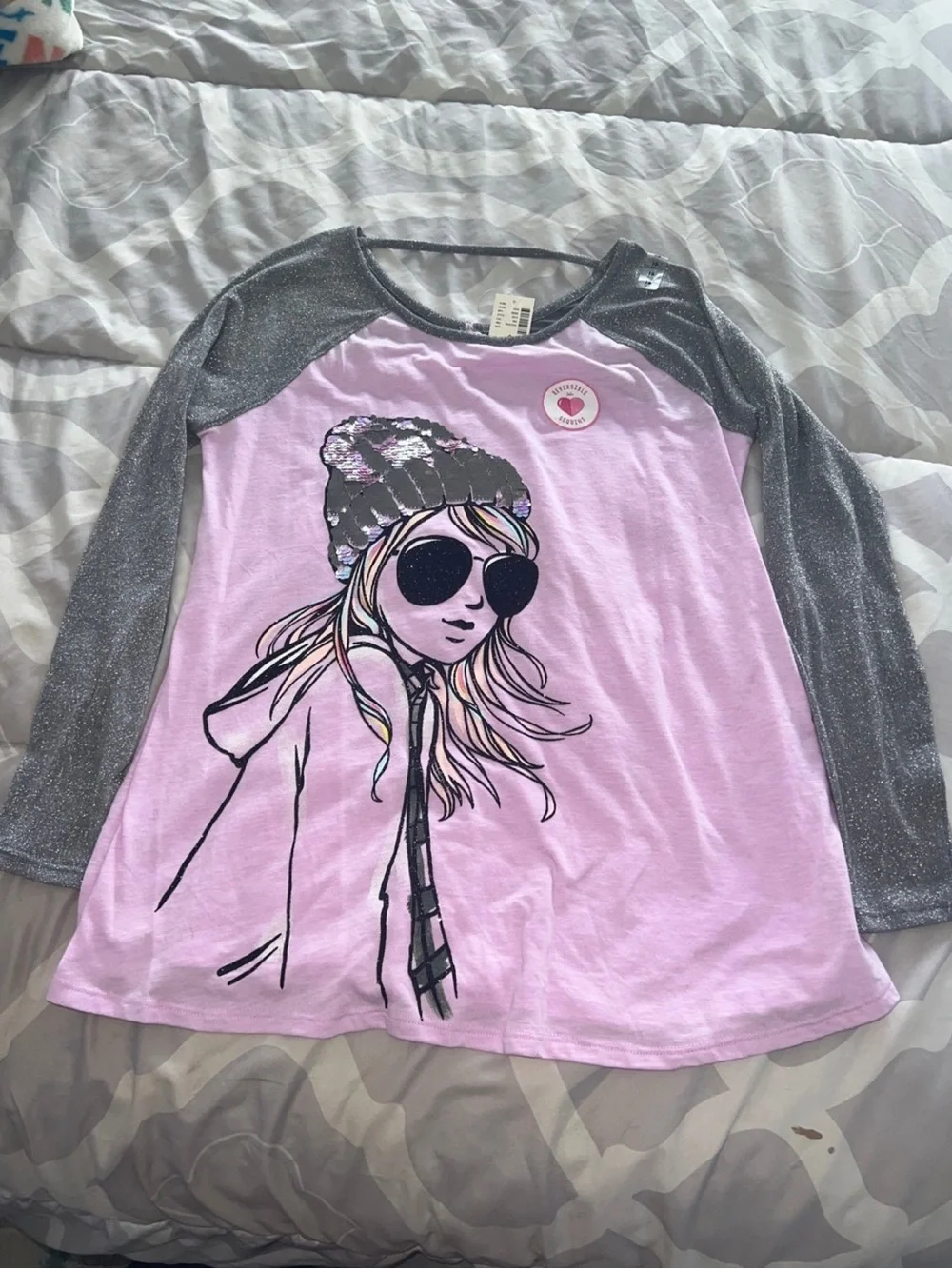 Justice Graphic Long Sleeve Top with Shimmery Gray Sleeves